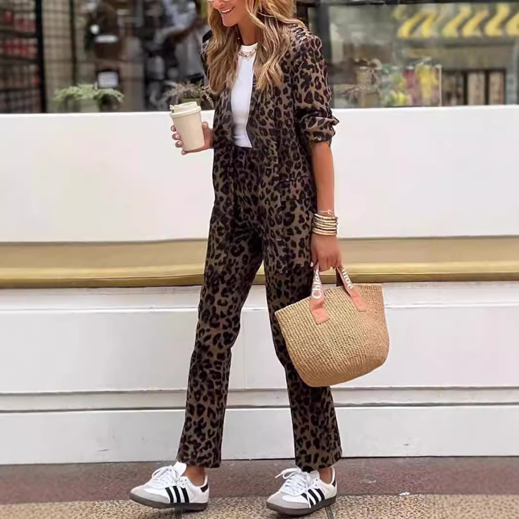 2024 European and American Cross-border Explosions Fall/Winter Women's Leopard Print Long Sleeve Top High Waist suit Pants