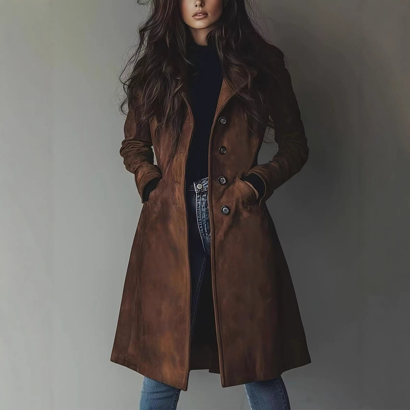 2025 European and American Amazon Cross-Border Export Women's Autumn and Winter New Retro Lapel Suede Long Windbreaker Jacket