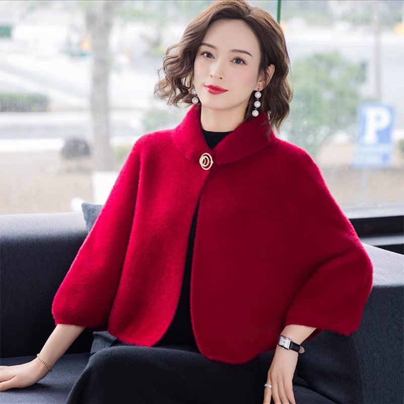 Autumn and winter small Cape wedding fashion solid color coat mink velvet shawl with cheongsam lapel thickened sweater women