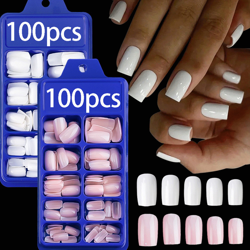 Cross-Border Popular 100 Pieces Pink and White Square Short Wearable Nails Boxed Pure Color Full Stickers Square DIY Manicure Nail Stickers