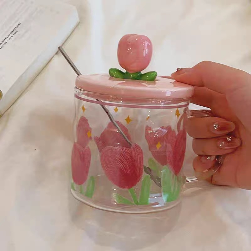 De alto aspecto lindo tulipán taza de agua taza de vidrio de niña con tapa cuchara Oficina taza de regalo del hogar taza