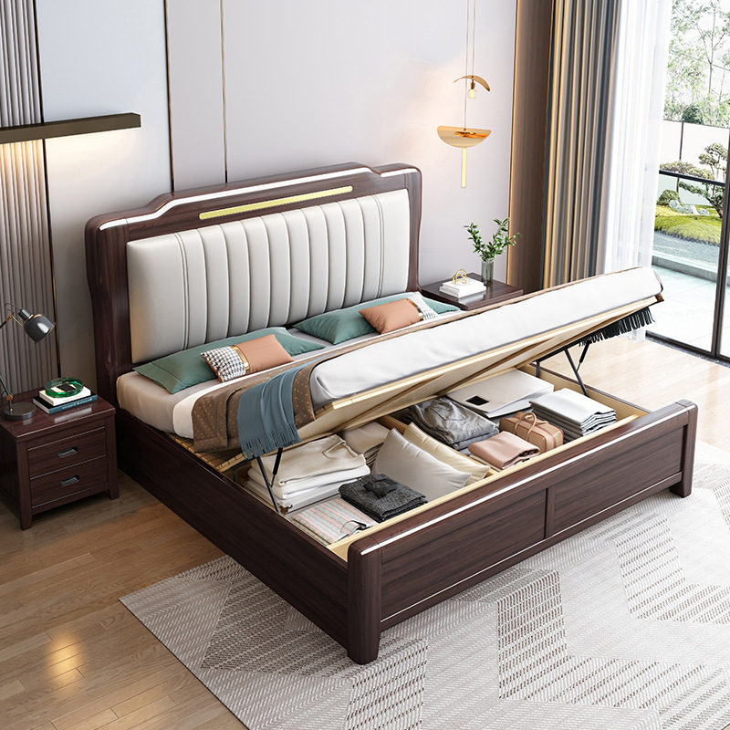 New Chinese-style gold-threaded sandalwood bed, 1.8-meter double bed, 1.5m single bed with high-box storage soft sleeper, solid wood bed