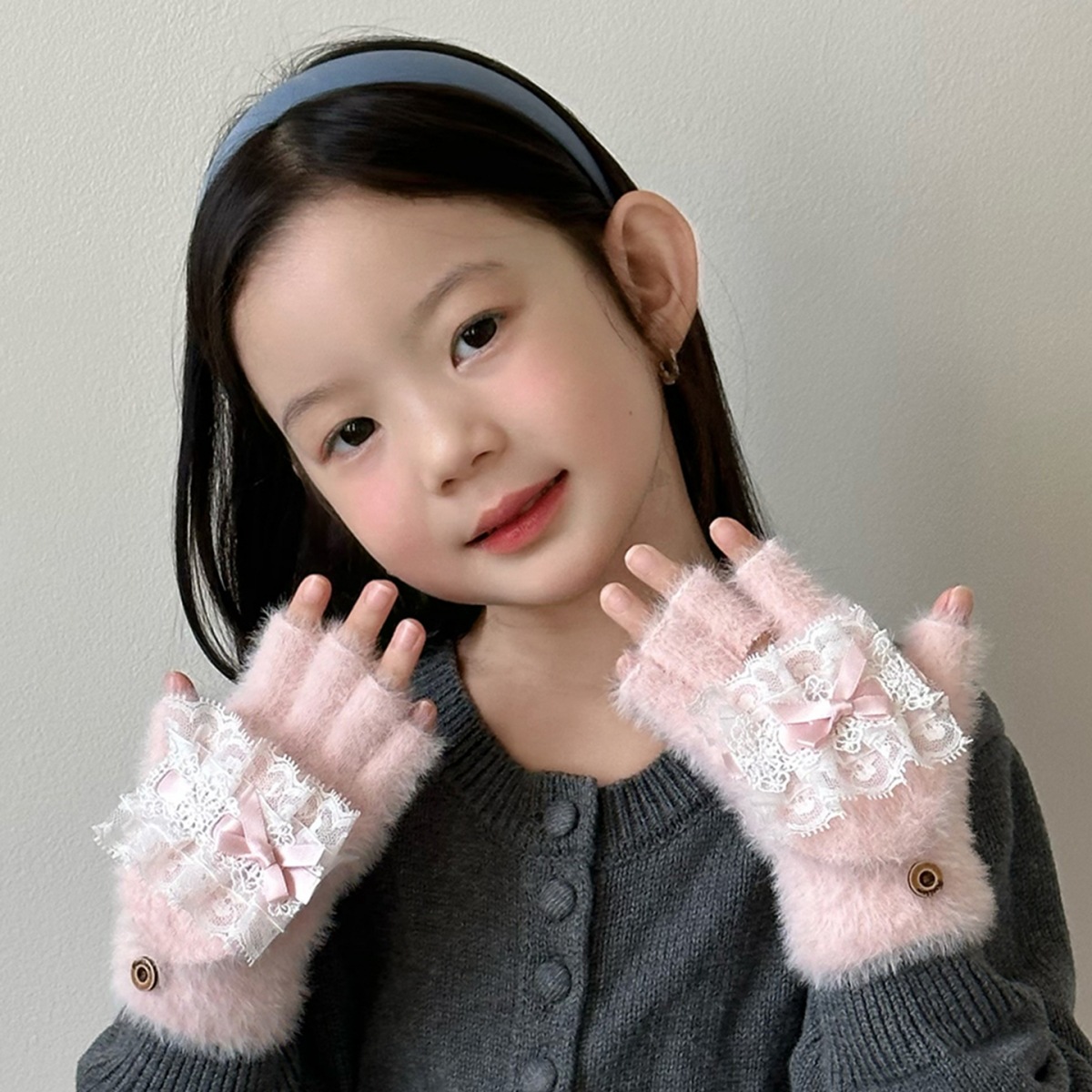 Guantes infantiles para niñas de invierno para estudiantes de primaria escritura para niñas plegable medio dedo guantes móviles peluche 2025 nuevo