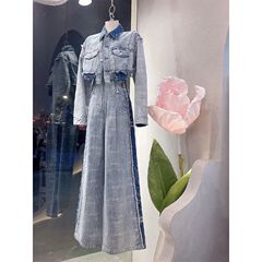 2025高级感网红时装减龄小香风洋装复古牛仔阔腿裤两件套装女