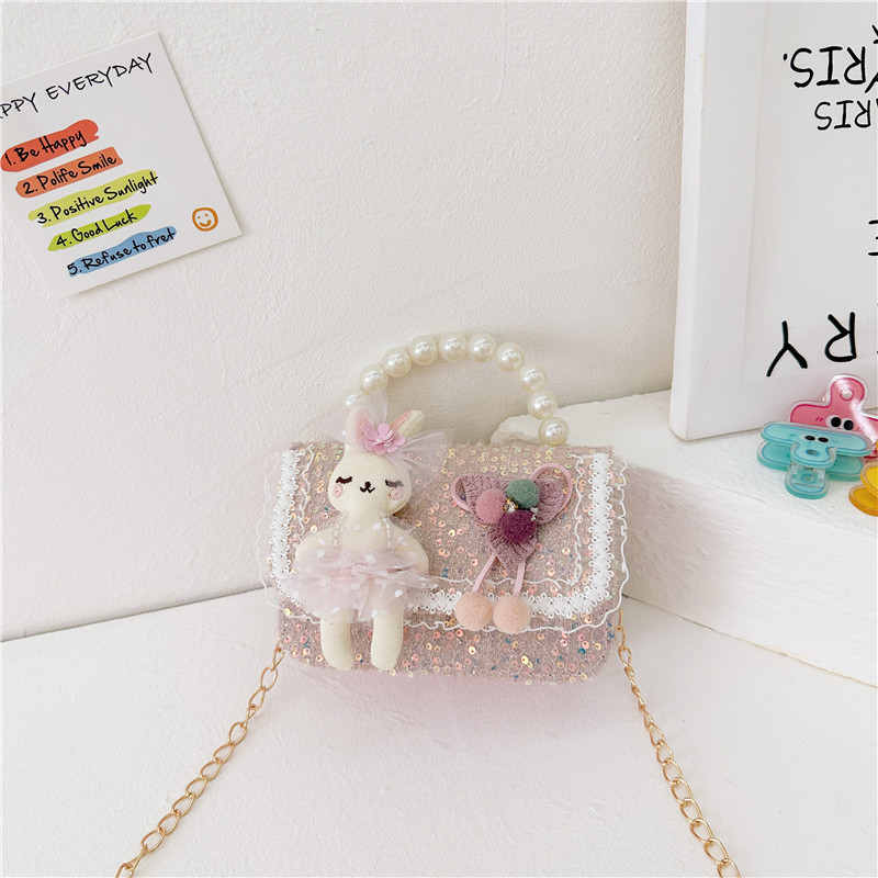 Nuevos niños estilo Chanel estilo bolsa moda perla bolso de hombro de dibujos animados muñeca bolsa de mensajero cadena