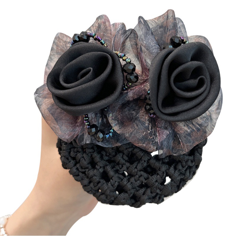 Japanese and Korean hair accessories silk yarn simple elegant three-Flower Net pocket hair accessories high-end hair net mother temperament hair accessories professional headdress flower
