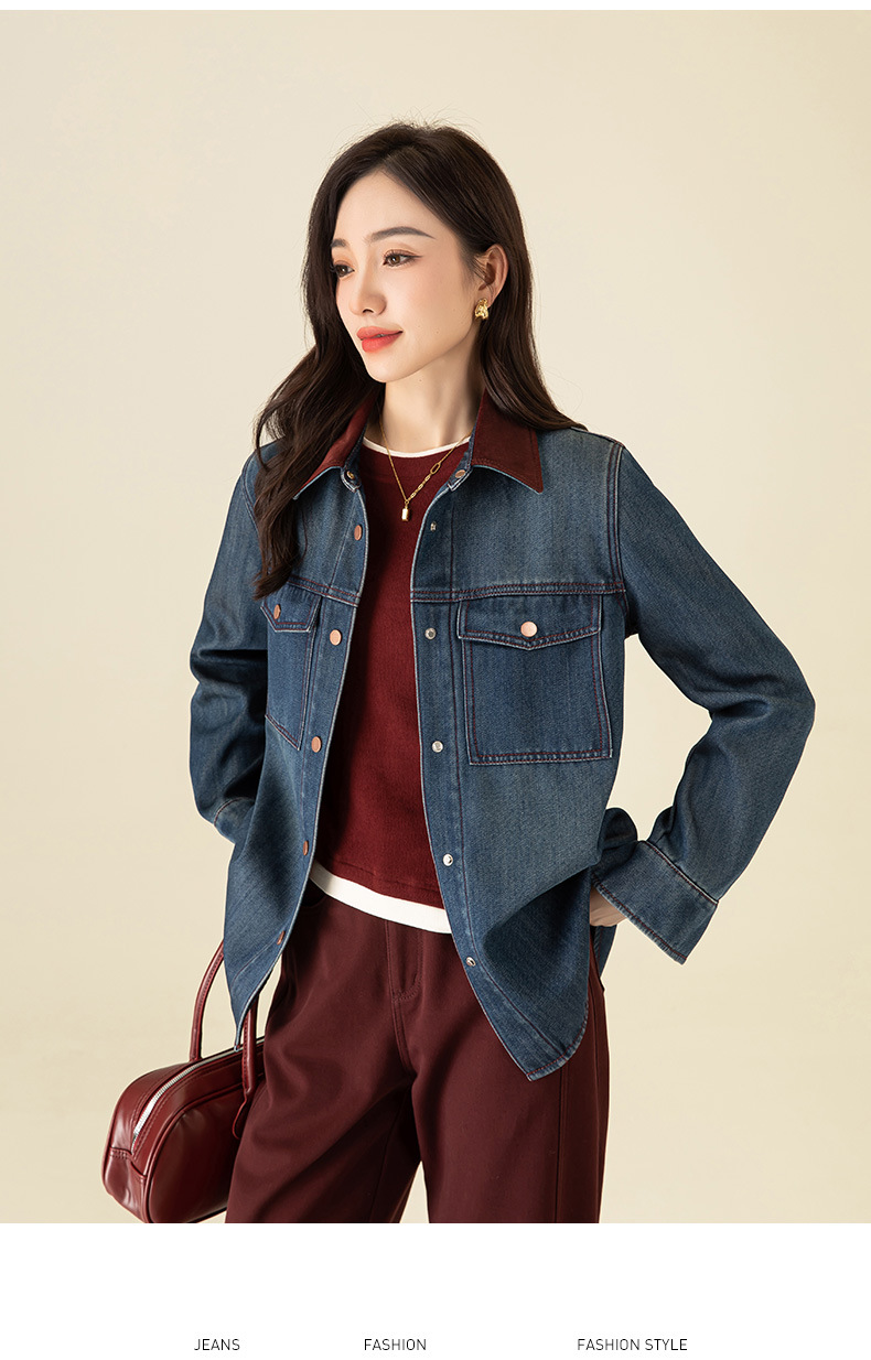 Áo sơ mi denim nữ phong cách retro Hàn Quốc lót lông cừu dày dặn, dáng rộng mặc nhiều lớp mùa đông — Màu xanh lam chi tiết 19