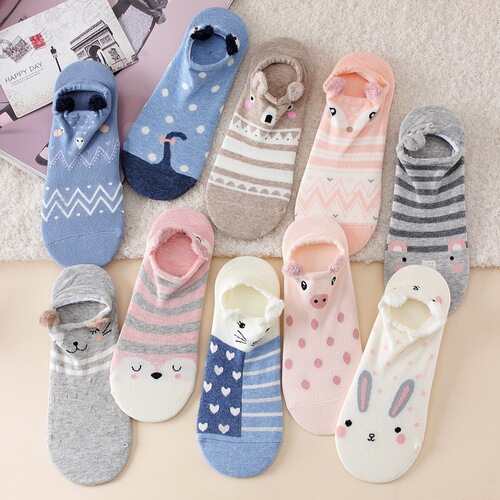 New style feather yarn three-dimensional socks Japanese cartoon small animal low-top socks cotton invisible shallow mouth women's boat socks batch