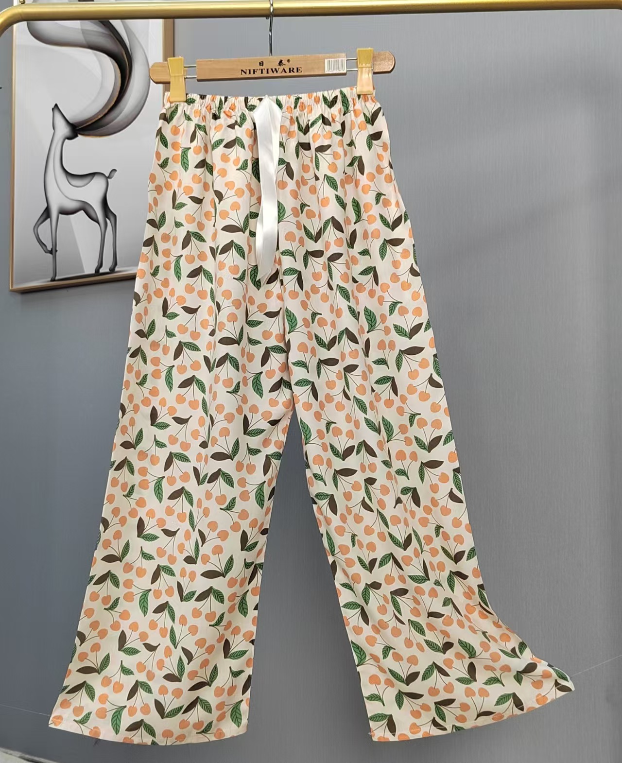 Pijama de seda de algodón para mujer, pantalones anchos de mujer embarazada de seda de algodón con estampado fino de verano