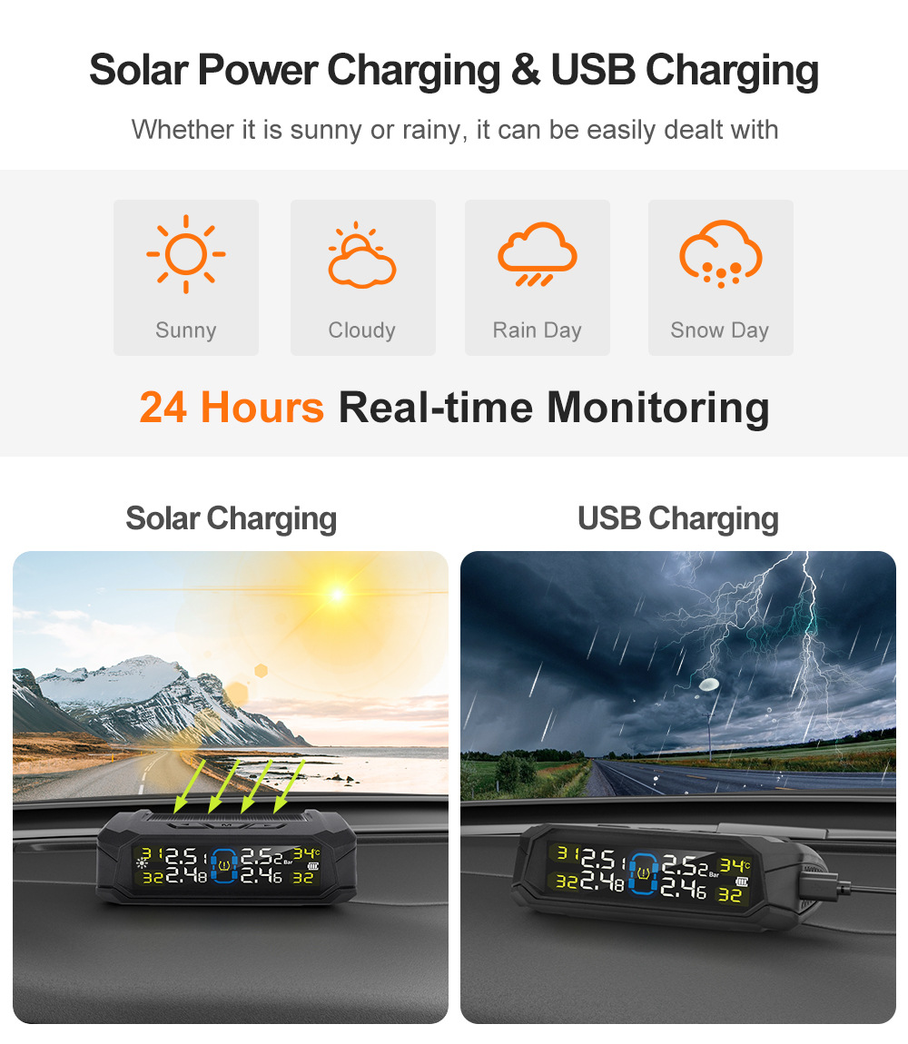 Tire Pressure Monitor Solar-Powered 4-Wheel Color Screen Digital Display Detector Wireless High-Precision Intelligent Tpms Air Pressure Detection