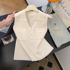 实拍无袖法式翻领天丝针织马甲背心女2025年夏季新款气质百搭上衣