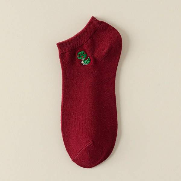 Women's wine red socks/green snake