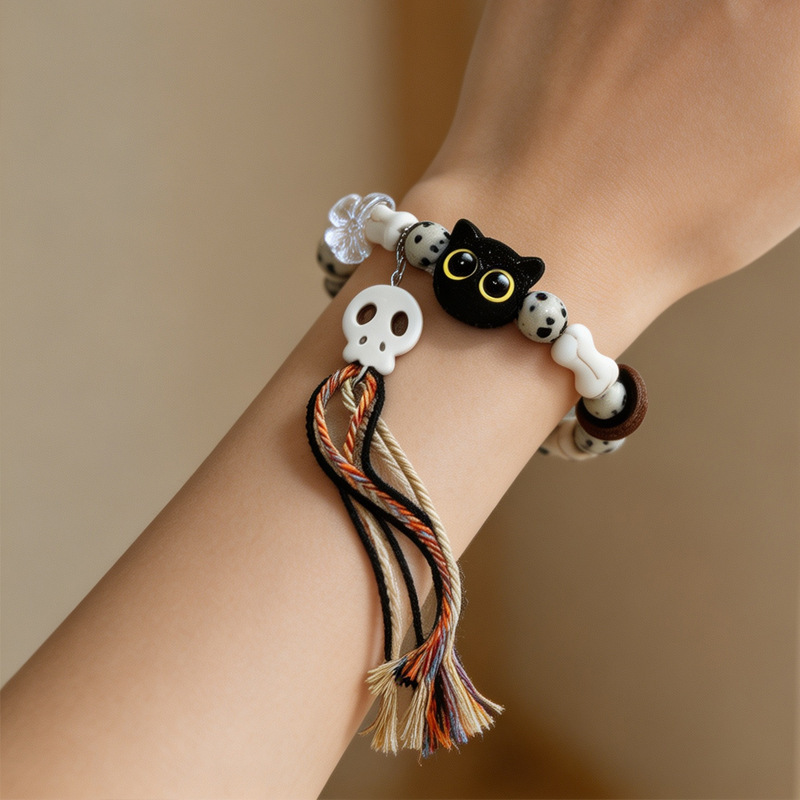 Halloween Dark Style Black Cat Bracelet Niche Skull Bone Tassel Bracelet Retro Color-Blocking Ceramic Bead Bracelet