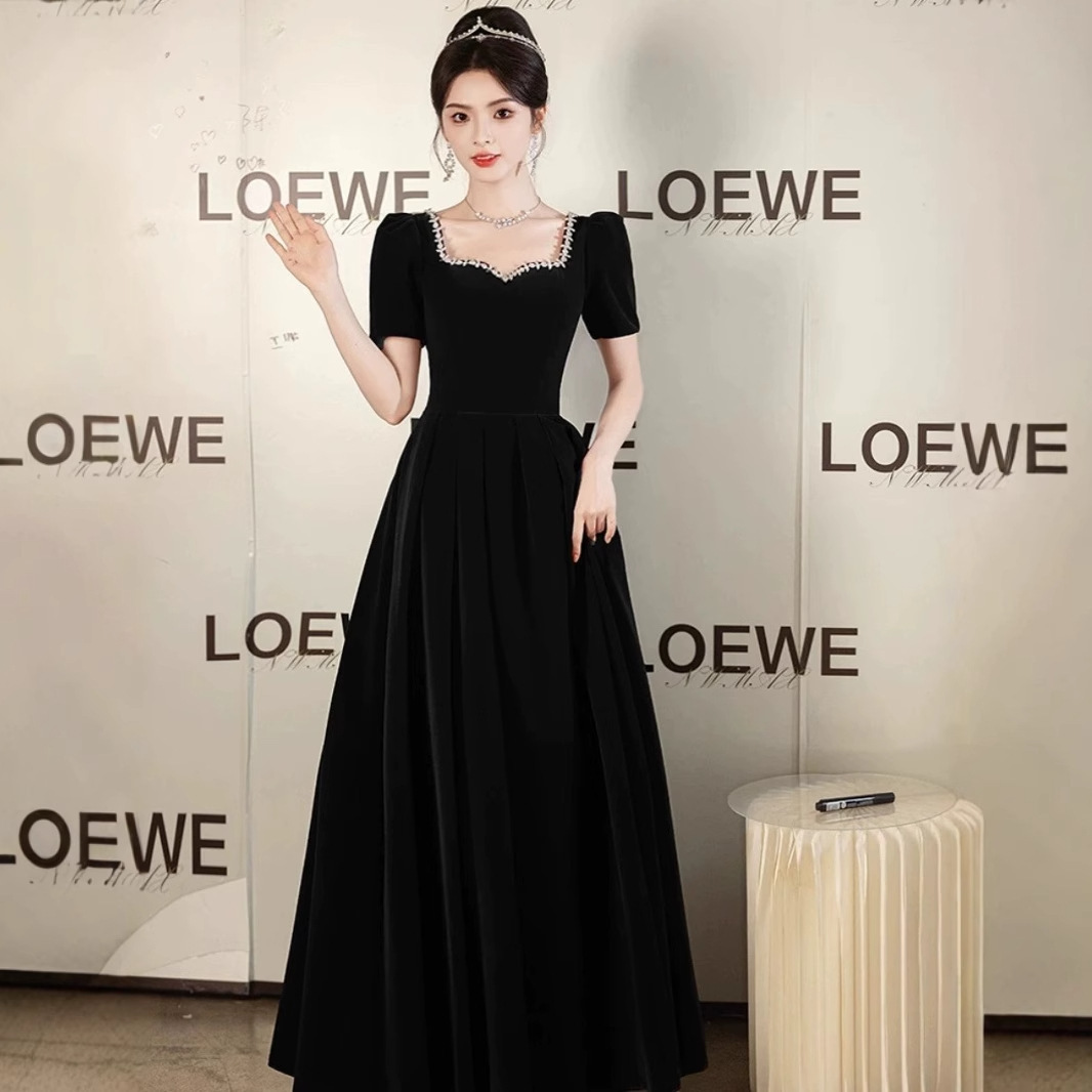 Elegant Square-Neck Evening Dress for Students' Art Exams, Coming-Of-Age Ceremony, Black High-End Gown, Piano Host Performance Long Dress