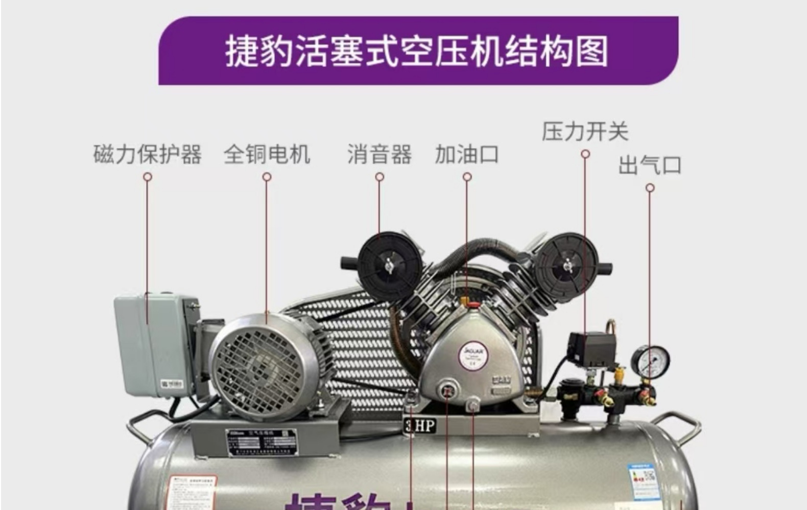 Jaguar Piston Air Compressor 2Hp/1.5Kwev-51 Piston Machine Small Silent High-Efficiency Electric Industrial Special