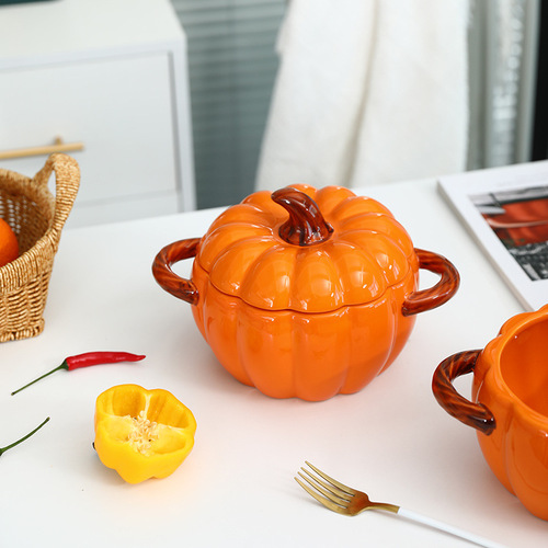 Ceramic Soup Bowl with Lid Creative Pumpkin Soup Bowl Household Soup Serving Large Soup Basin Double-Ear Noodle Bowl and Snail Noodle Bowl Dedicated