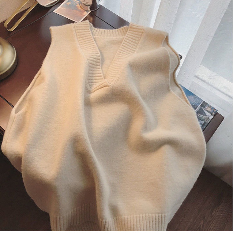Chaleco de suéter con cuello en V Chaleco de punto sin mangas de estilo coreano de las mujeres simple estilo universitario ropa exterior suelta Chaleco de estilo occidental de moda