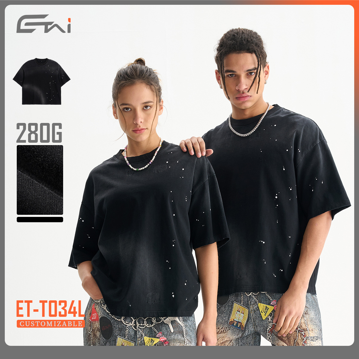 ETAI Hombre| Suelta corta inyección de tinta de caballo de algodón de alta calidad pesado de hombro caer camiseta desgastada image 1