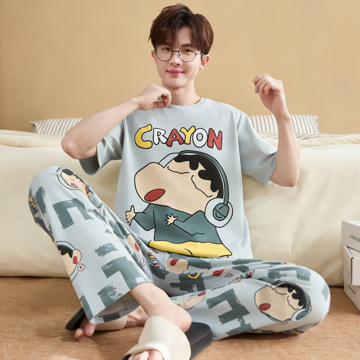 Teen Pajamas Men's Short-Sleeved Pants Spring and Summer Pure Cotton Cartoon Big Boy 20 Years Old Loose Home Clothes Set