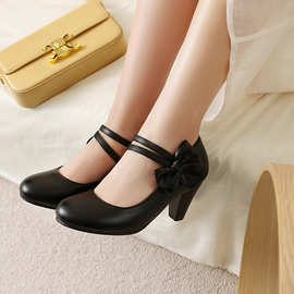 春秋季浅口女士粗跟单鞋欧美外贸款女鞋高跟鞋黑色玛丽珍鞋40-48