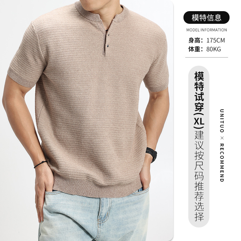 Cross-border hombre lujoso ligero Vogue punto de manga corta Henry cuello botón media manga camiseta de alta calidad europea y americana ropa de hombre