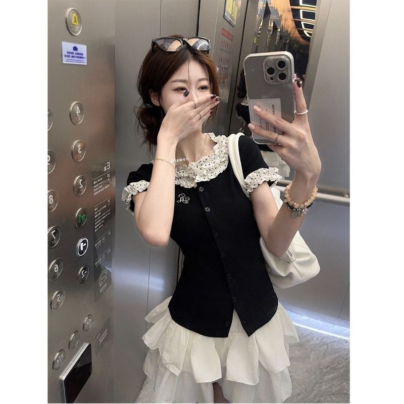 カレッジスタイルレースコントラスト水玉パッチワーク半袖Tシャツレディース夏優しいスリムフィットショルダーショートトップ|undefined