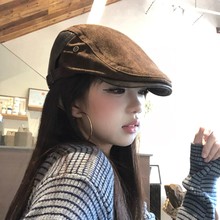 秋冬皮革麂皮绒前进帽子女美式复古百搭报童鸭舌帽男显脸小贝雷帽