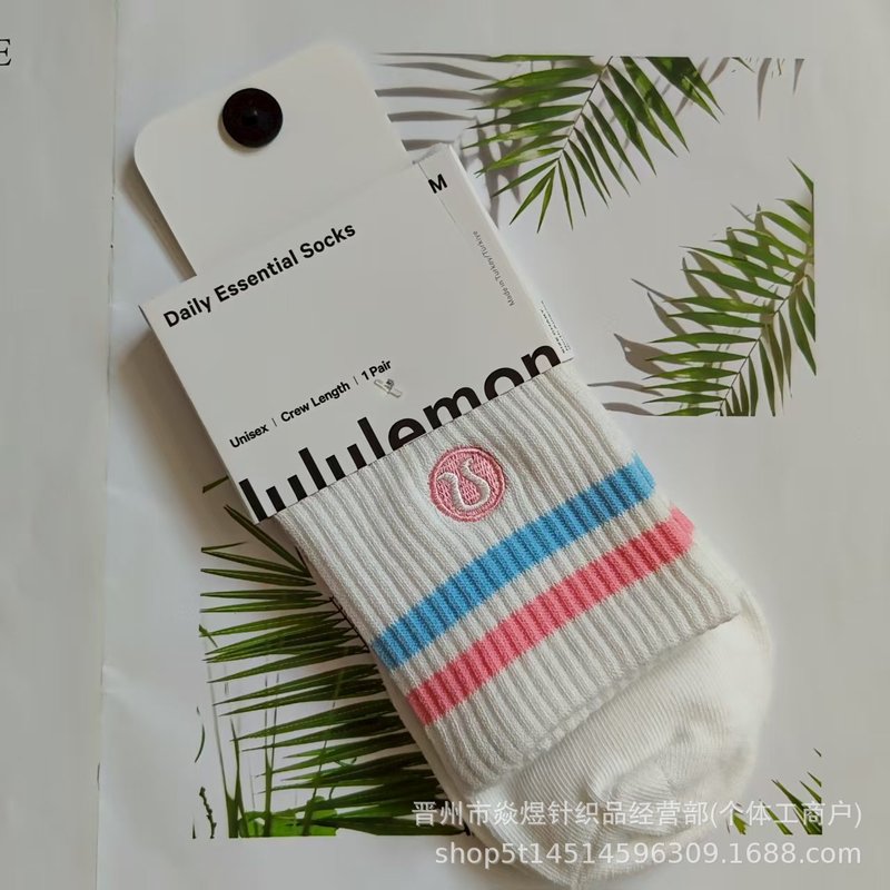 新款LULU露露刺绣条纹黑白中筒棉袜男女高筒健身跑步运动潮袜批发|undefined