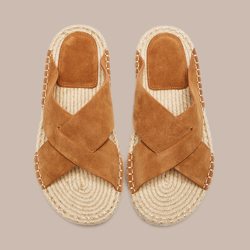 European Station Sandals 2025 Summer New Cross-Strap Genuine Leather Straw Fisherman Slippers for Men, Thick-Soled Breathable Trendy Outdoor Wear