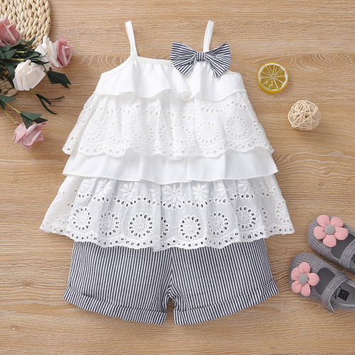 Amazon Children's Floral Lace Strap Top and Striped Shorts Set for Girls