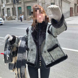 新款皮毛一体毛毛外套女冬季加厚宽松机车服上衣仿羊羔毛皮草外套