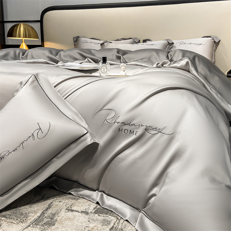 Foreign trade light luxury style washed silk embroidery four-piece set summer solid color double-piece Tencel Ice Silk cool silky bedding