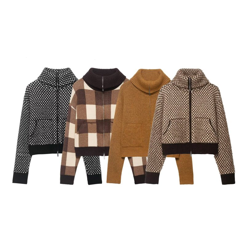 2025 Autumn New Women's Fashion European Faux Fur Effect Patchwork Knitted Bomber Jacket