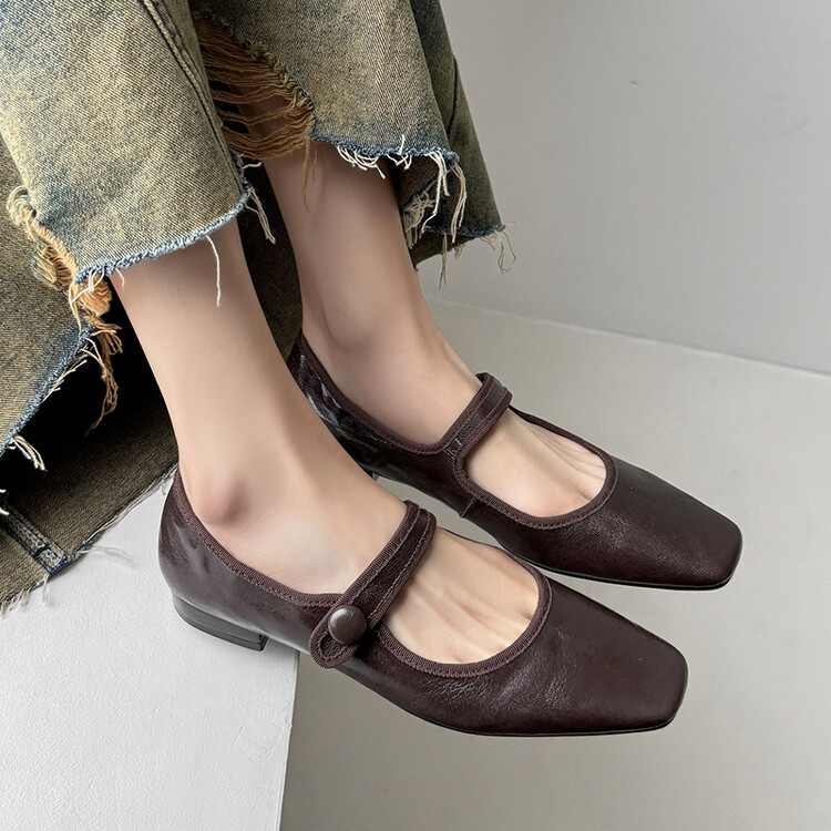 Retro Mary Jane shoes square toe with a strap low-cut flat