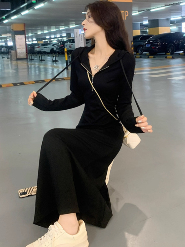 2025早秋冬季新款连帽淑女简约长裙修身显瘦纯色气质时尚连衣裙女|undefined