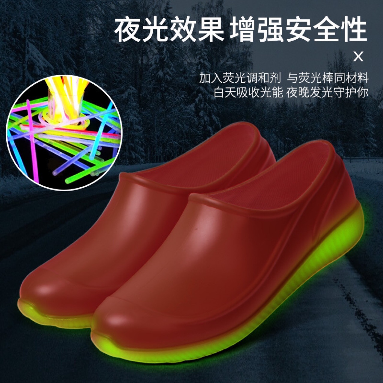 Cross-Border New Luminous Water Shoes for Women and Men, Non-Slip Rain Boots, Glow-In-The-Dark Work Rubber Shoes, White Kitchen Shoes, Low-Top Rain Shoes for Women