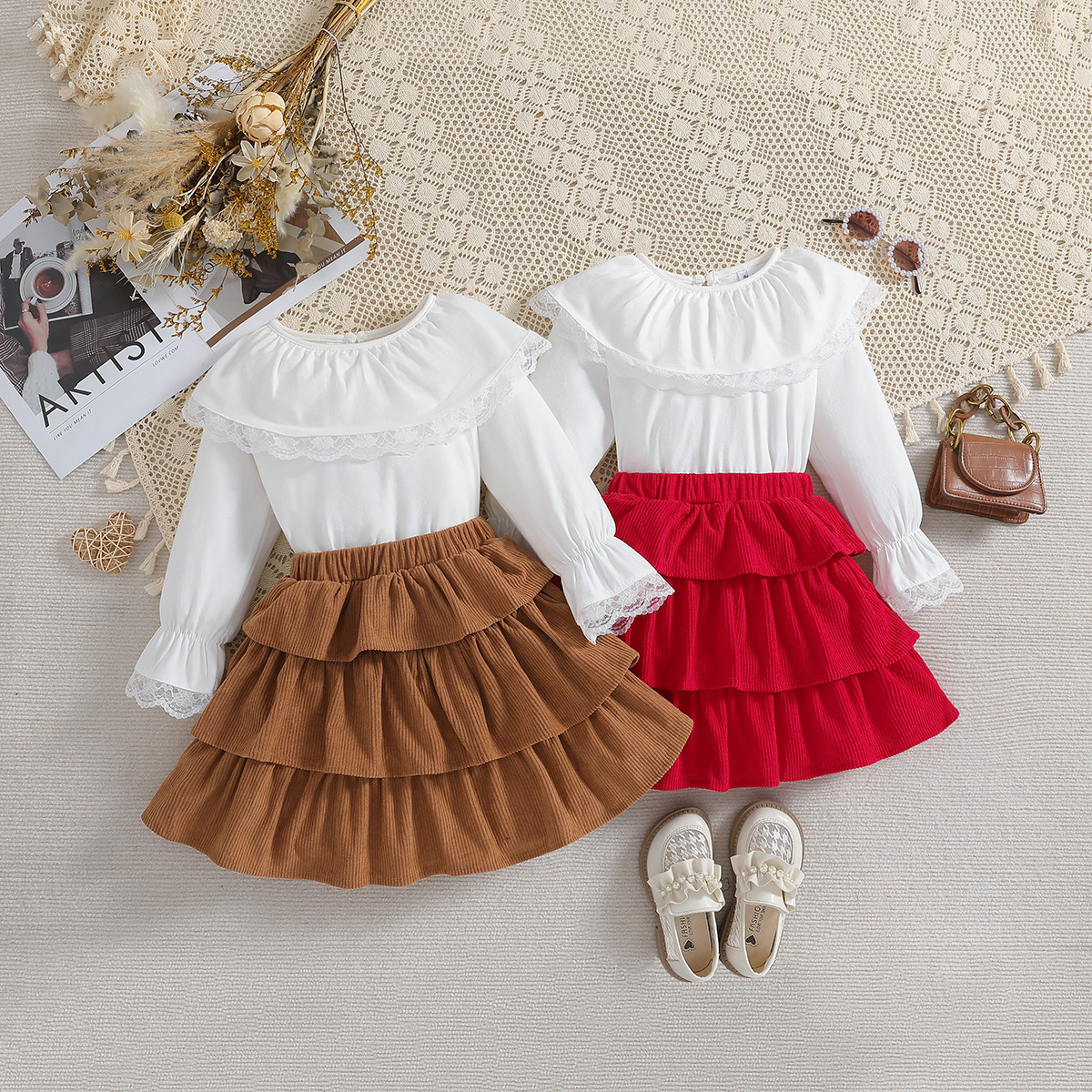 Girls Lace Top And Corduroy Skirt Set For Autumn Outfits_voghion.com