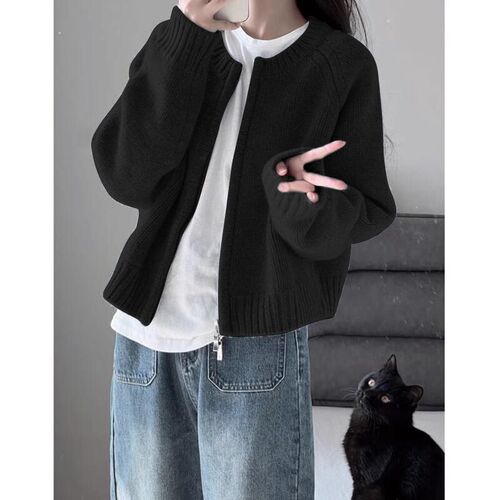 Round collar zipper knitted cardigan women's clothing fashionable Western-style age-reducing spring and autumn casual slimming sweater coat with thick women