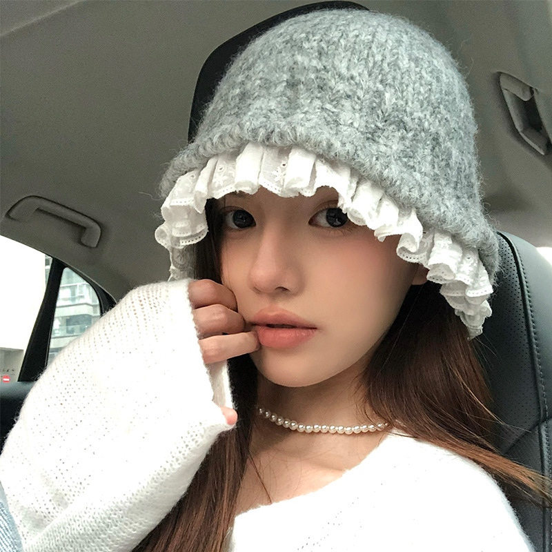 Korean lace knitted fisherman hat for women, sweet warm in autumn and winter, versatile to show off face, small woolen_viptrois.com