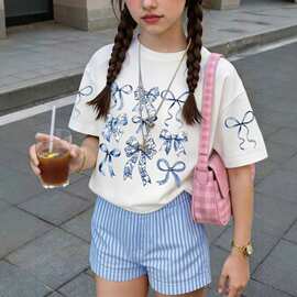夏季女童简约印花新款舒适透气舒适休闲短袖圆领短裤套装