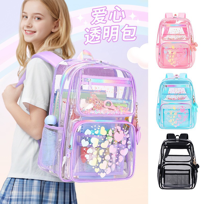 Amazon mochila de PVC transparente explosión de patrón de impresión de personalidad de estudiantes de secundaria y secundaria bolsa de jelly espalda en stock