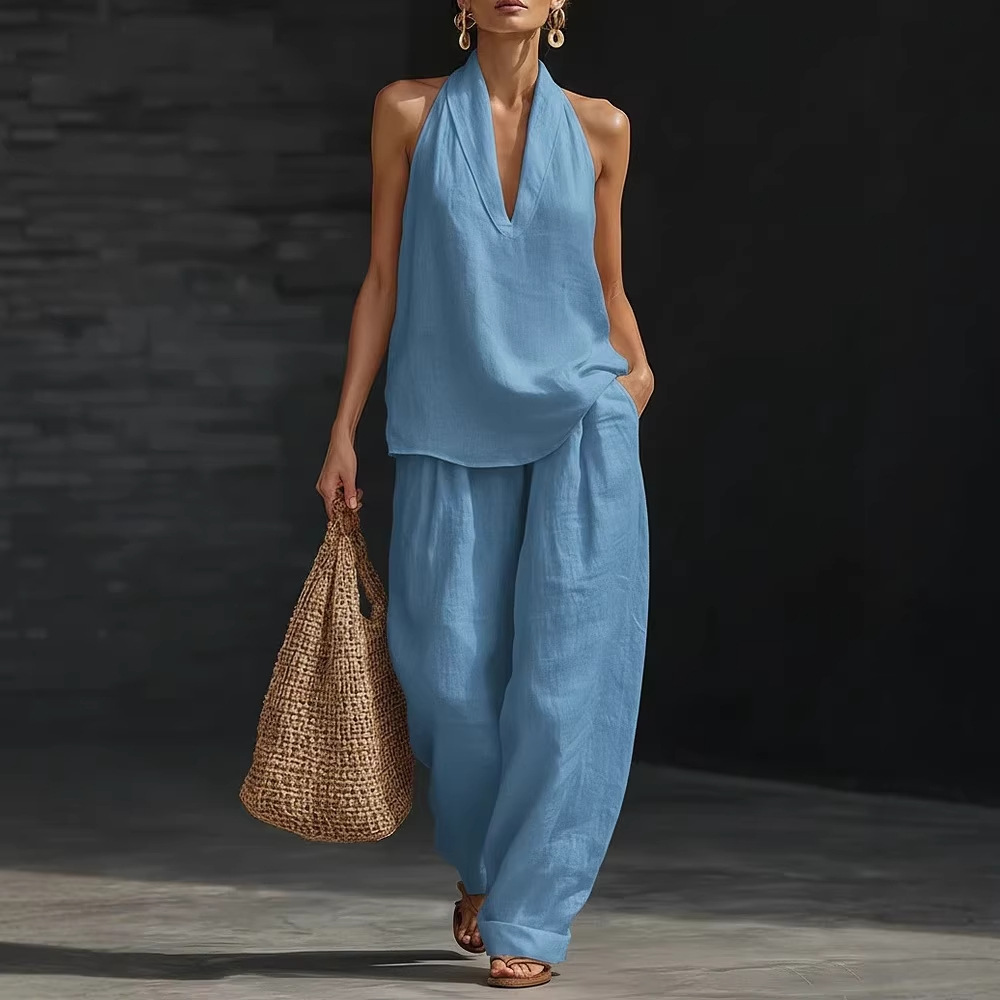 Women's Linen Two-Piece Set Vest And Camisole Office Casual Summer Outfit Breathable Comfort_ecoleips.com