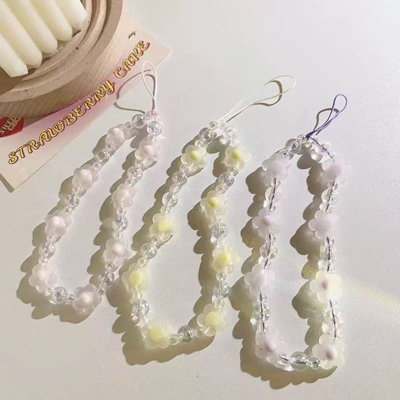 Short Phone Lanyard Wrist Strap Creative Crystal Beaded Flower Pendant Anti-Drop Strap Fresh and Sweet Style
