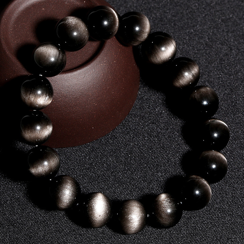 Silver Obsidian Bracelet Strong Light Double Eyeliner Cat's Eye Silver Obsidian Bracelet Trendy Crystal Gemstone Jewelry Silver Obsidian