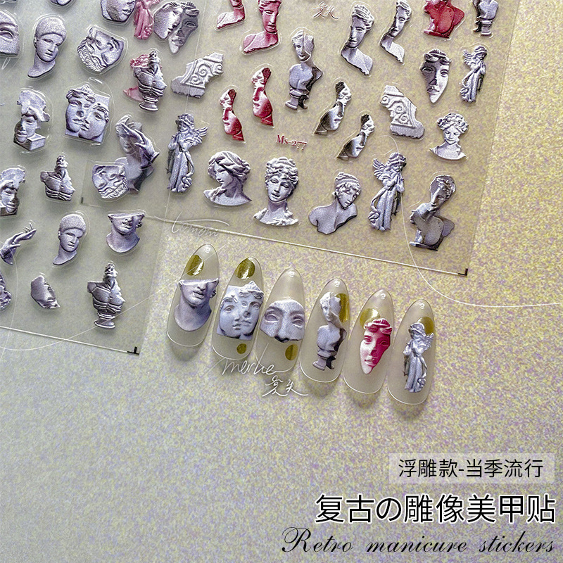 Nombre conjunto de papel adhesivo de uñas en línea popular alivio 5D estatua tridimensional yeso cabeza retrato artístico calcomanías de uñas patrón pequeño