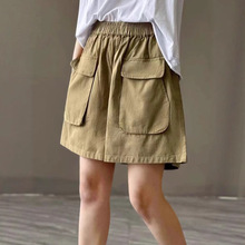 2025夏季新品 日系森女系复古纯色大口袋宽松亚麻休闲短裤女直筒