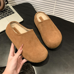 头层牛皮厚底增高4CM小个子勃肯包头半拖鞋女加绒外穿一脚蹬棉拖