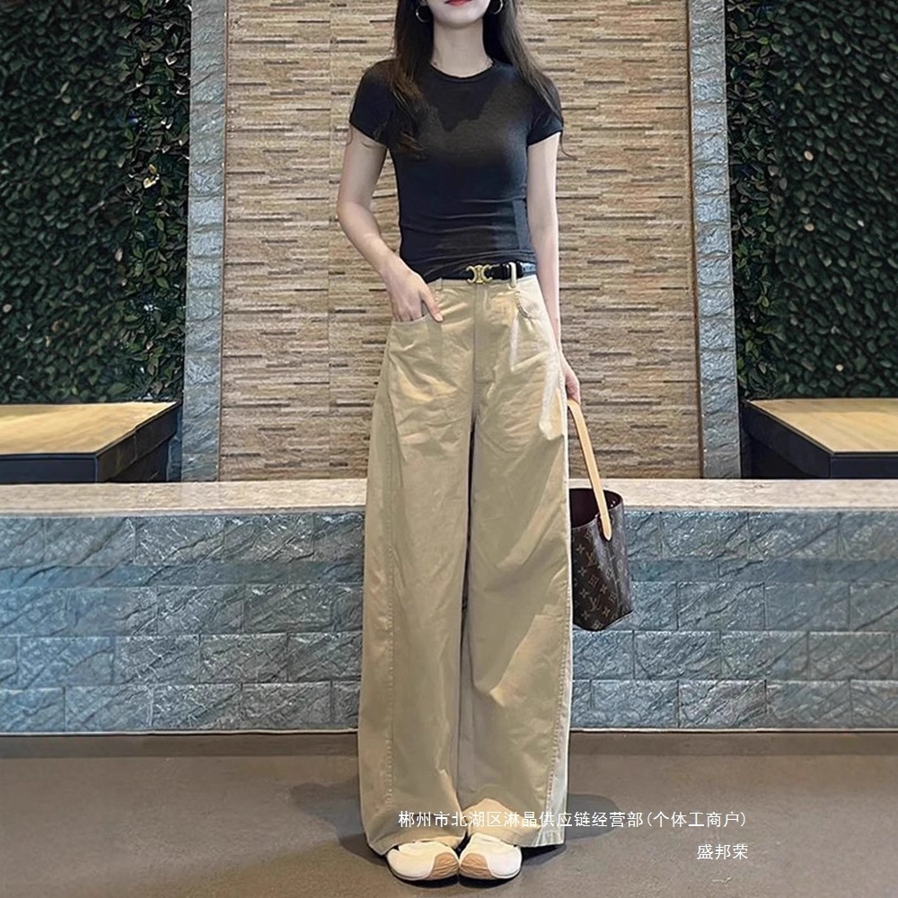 Factory Direct Sale Plus-Size Women's Clothing, Khaki Wide-Leg Pants for Women, Summer Thin Slimming Versatile Short-Sleeve Tops