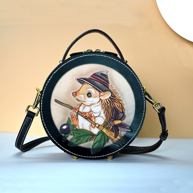 Tiaopijiang Women's Crossbody Bag - Summer Versatile Small Round Handbag, Designer Niche Genuine Leather Hand-Carved Bag - Thumbnail 4