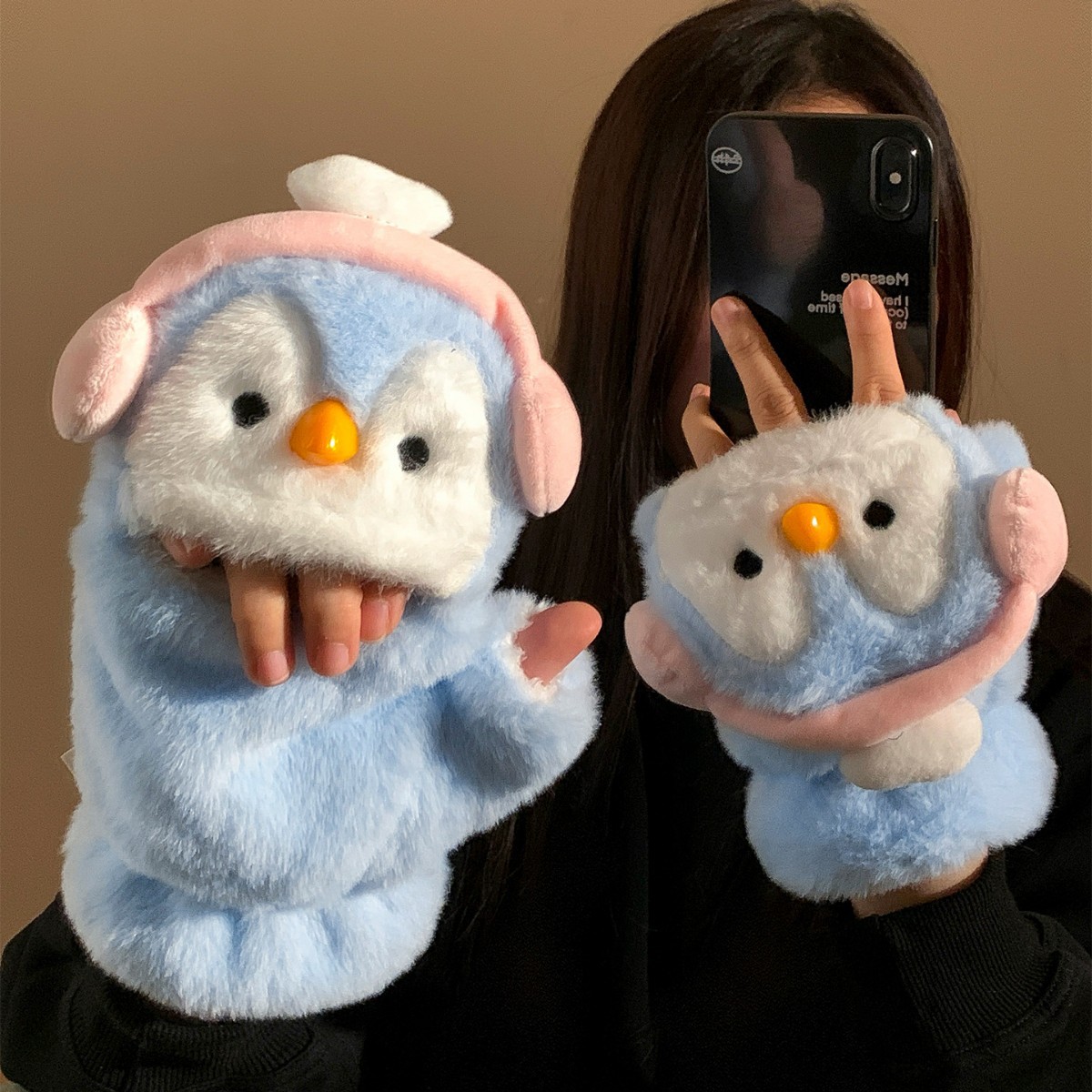 2025 nuevos guantes de pelusa lindos pingüinos chicas invierno versátil estilo coreano guantes de cuello corto de dibujos animados cálidos
